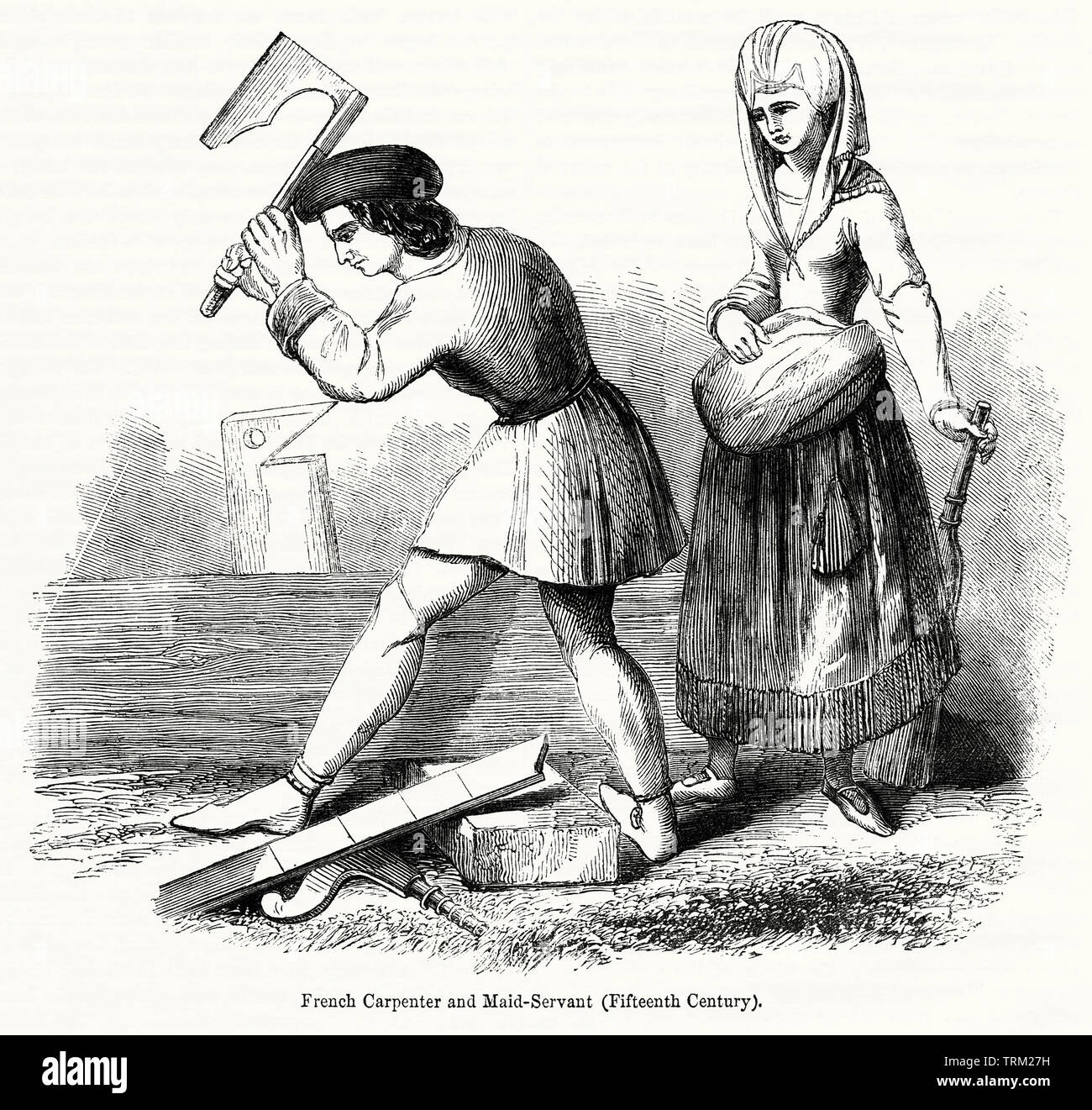 French Carpenter and Maid-Servant (Fifteenth Century), Illustration from John Cassell's Illustrated History of England, Vol. I from the earliest period to the reign of Edward the Fourth, Cassell, Petter and Galpin, 1857 Stock Photo