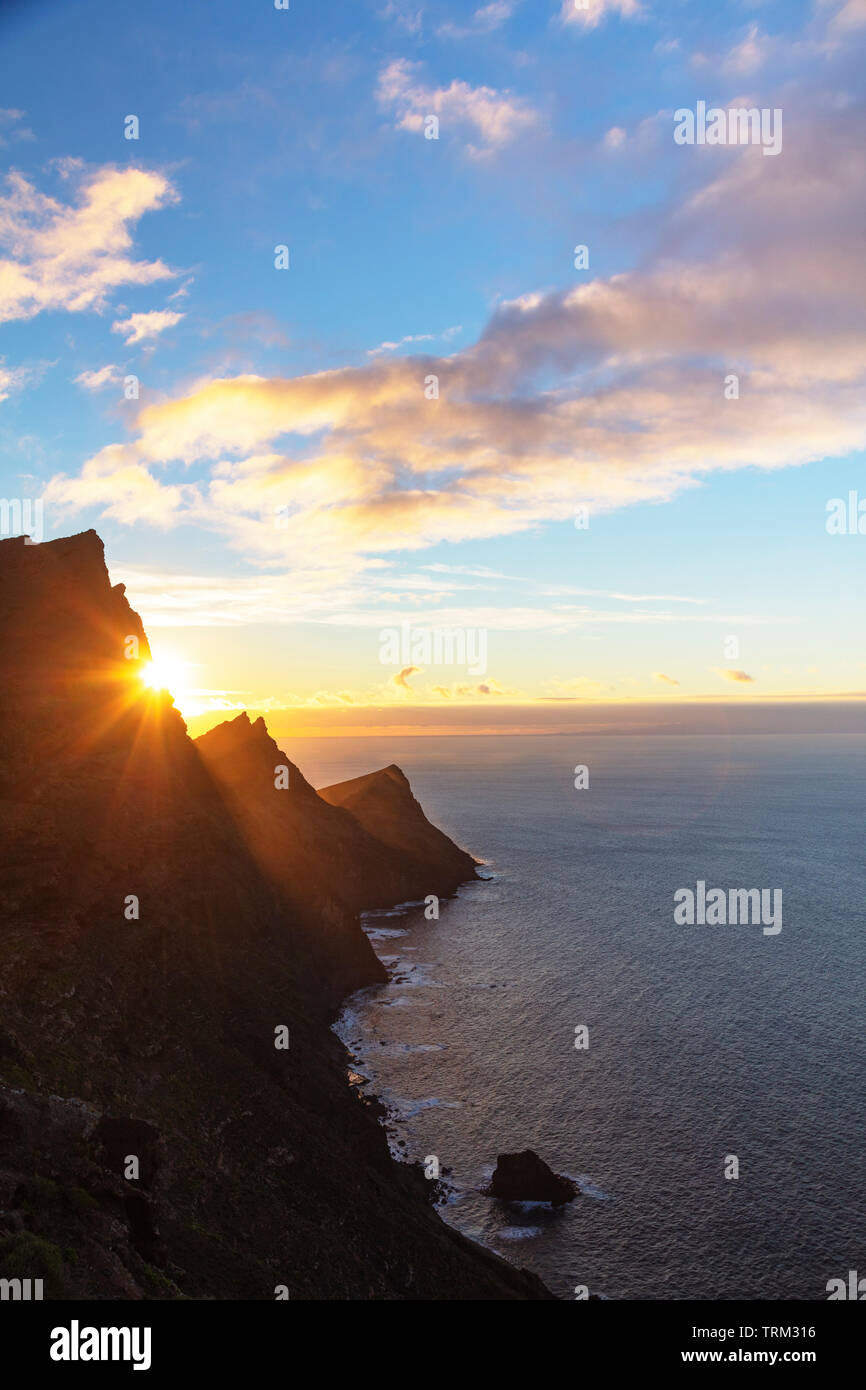 Europe, Spain, Canary Islands, Gran Canaria, west coast scenery at sunset Stock Photo