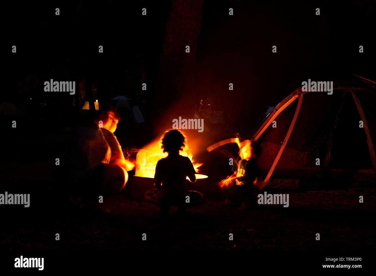 A mother with two sons in front of a campfire making smores while camping in a tent at Yosemite National Park. Stock Photo