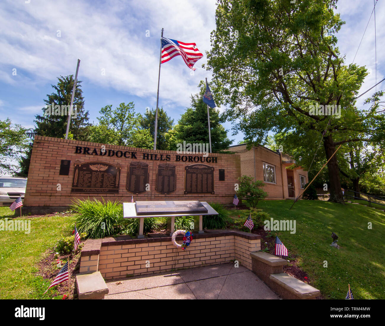 The Braddock Hills Borough War Memorial in front of the old borough