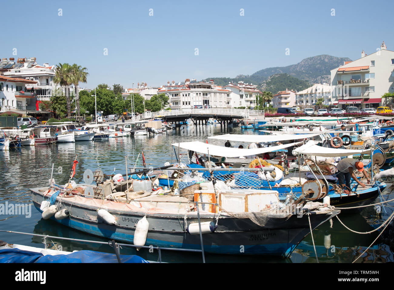 Local fishing boats moored at Marmaris marina,  Turkey 2019 Stock Photo
