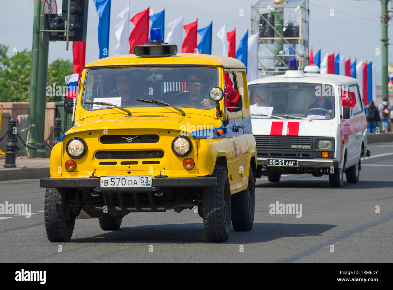 ST. PETERSBURG, RUSSIA - MAY 25, 2019: Off-road car UAZ-469 of the Soviet militia close up. Fragment of retro transport parade on City Day Stock Photo