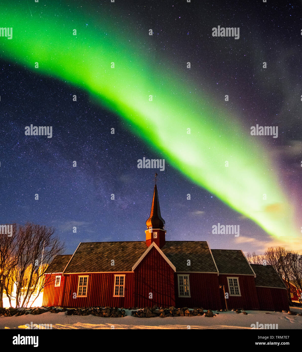 Aurora borealis with starry over church sanctuary at night, Lofoten island, Norway Stock Photo