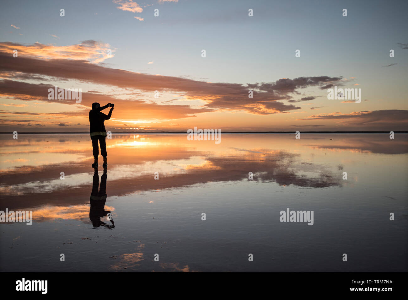Reflections on Lake Tyrrell Victoria Australia, a natural mirror at sunrise. Stock Photo