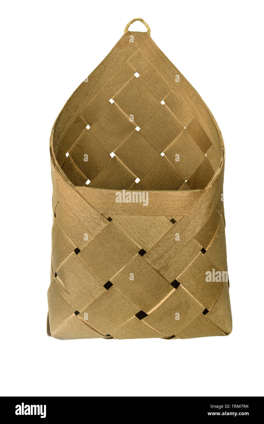 Wicker basket made from wood and isolated on white background Stock Photo