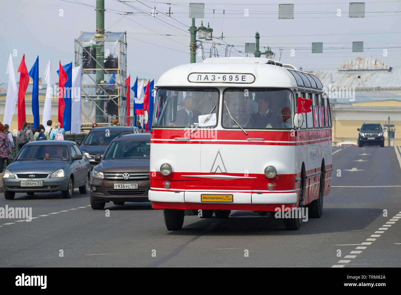 SAINT-PETERSBURG, RUSSIA - MAY 25, 2019: Bus LAZ-695E on the Palace Bridge. The participant of the parade of retrotransport in honor of the City Day Stock Photo