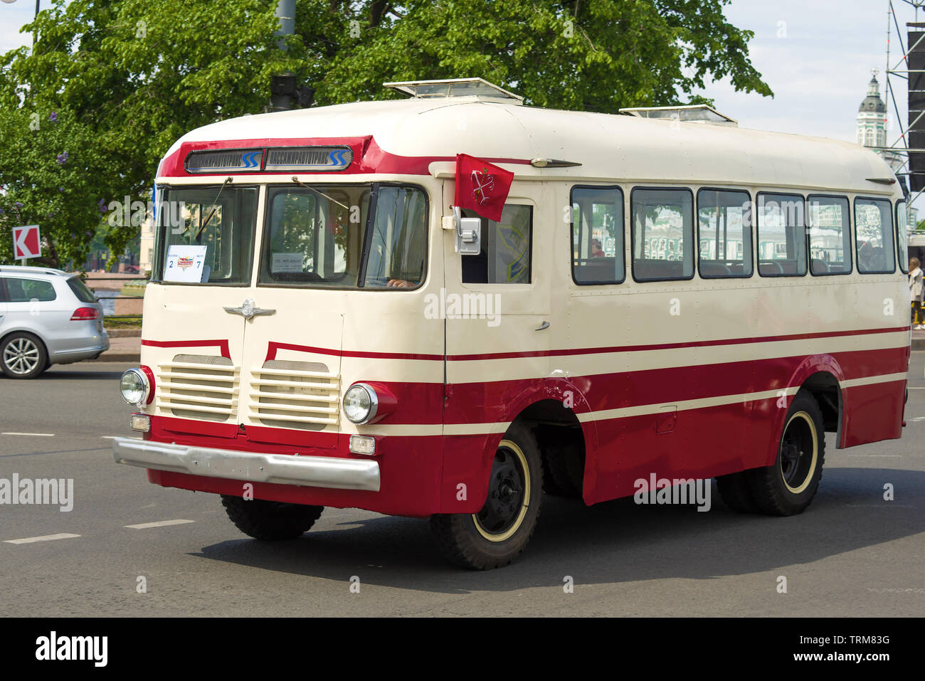 SAINT-PETERSBURG, RUSSIA - MAY 25, 2019: Soviet bus RAF-251 close-up. Fragment of the parade of retrotransport in honor of the City Day Stock Photo