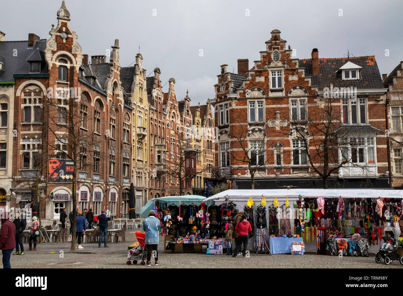 Market in front of the Statue of Jacob van Artevelde on the Friday market in Ghent Stock Photo