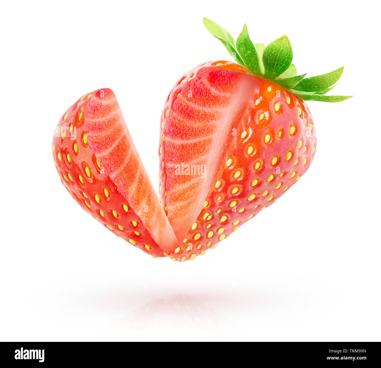 Isolated berry. One strawberry fruit with cut out piece in the air isolated on white background ...