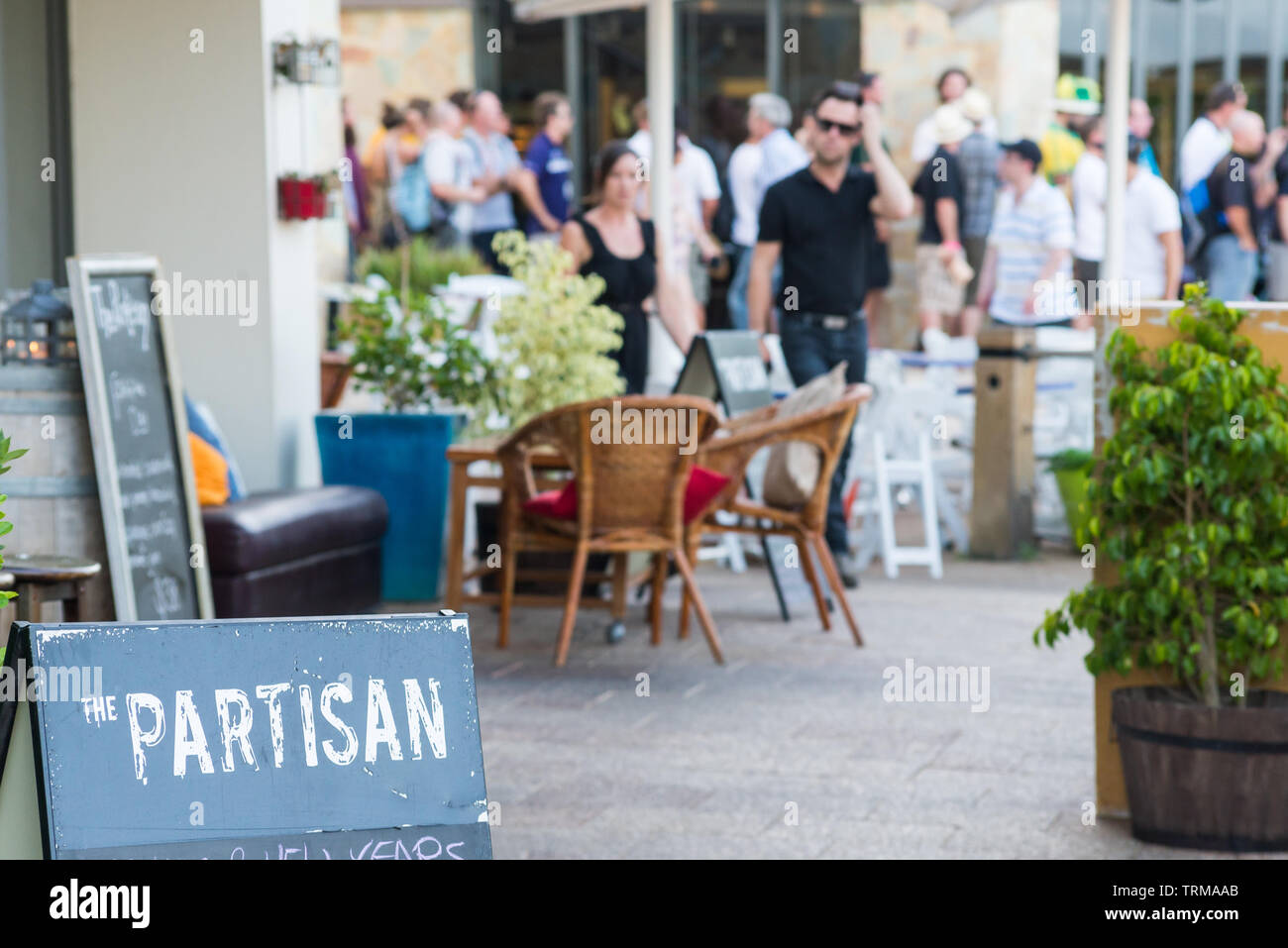 Blackboards outside some of the many cafes and restaurants along Claisebrook Cove in East Perth, Western Australia. Stock Photo