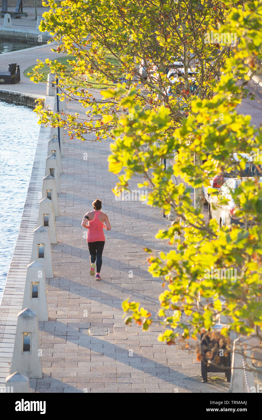 A woman jogs beside Claisebrook Cove in East Perth, Western Australia. Stock Photo