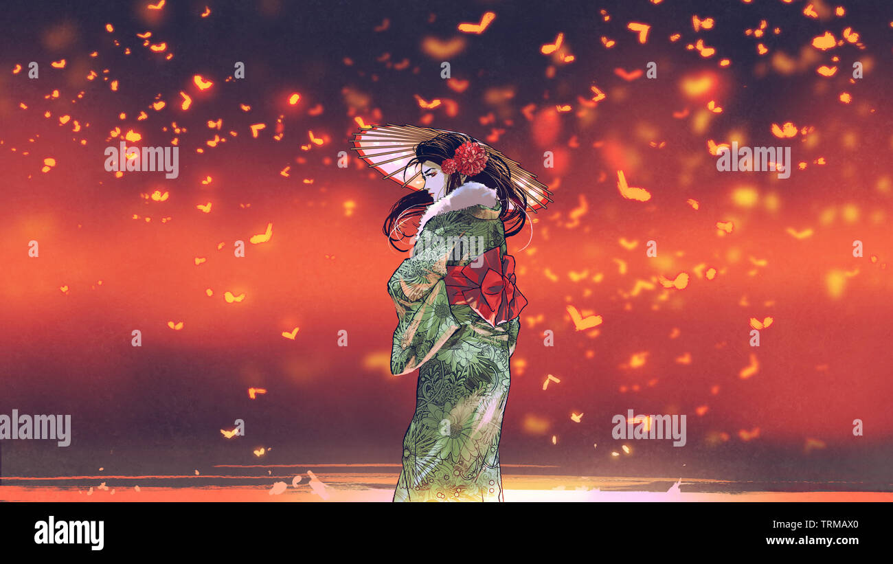 young asian girl in Japanese traditional clothes holds an umbrella standing against fantasy place with glowing insects flying around, digital art styl Stock Photo