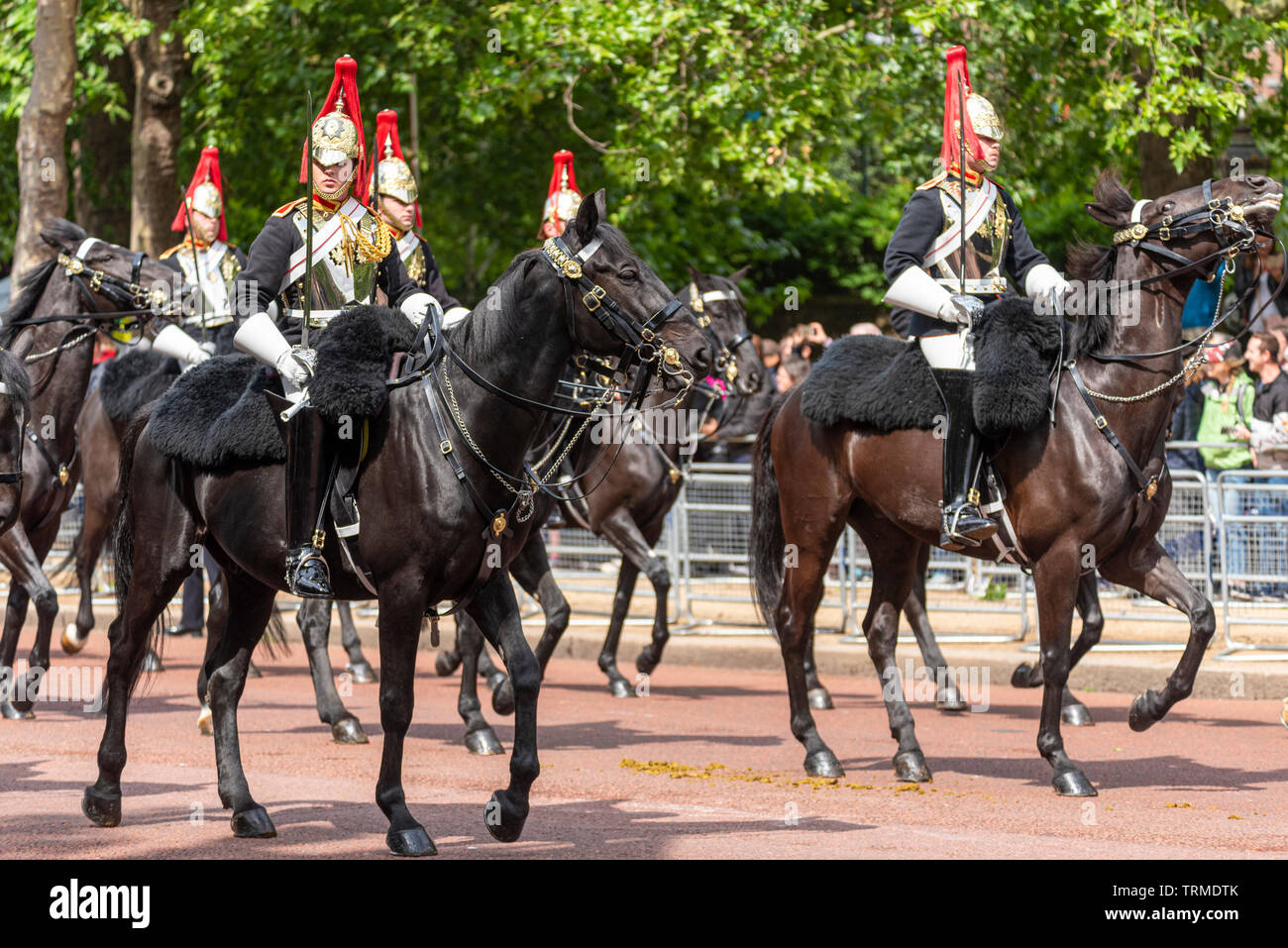 Blues and Royals cavalry regiment mounted sovereign's escort soldiers at the Trooping the Colour 2019 in The Mall, London, UK Stock Photo