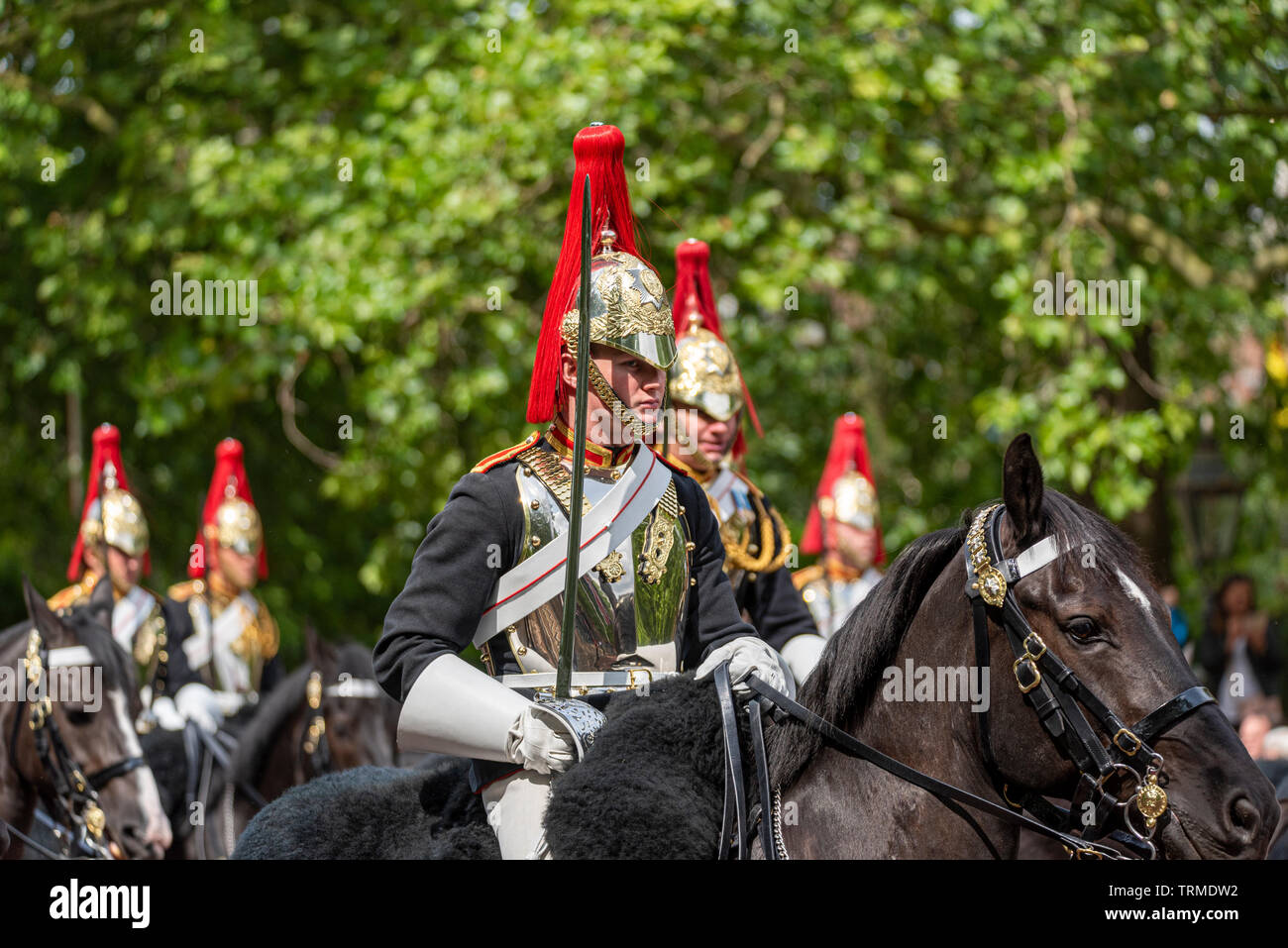 Blues and Royals cavalry regiment mounted sovereign's escort soldiers at the Trooping the Colour 2019 in The Mall, London, UK Stock Photo