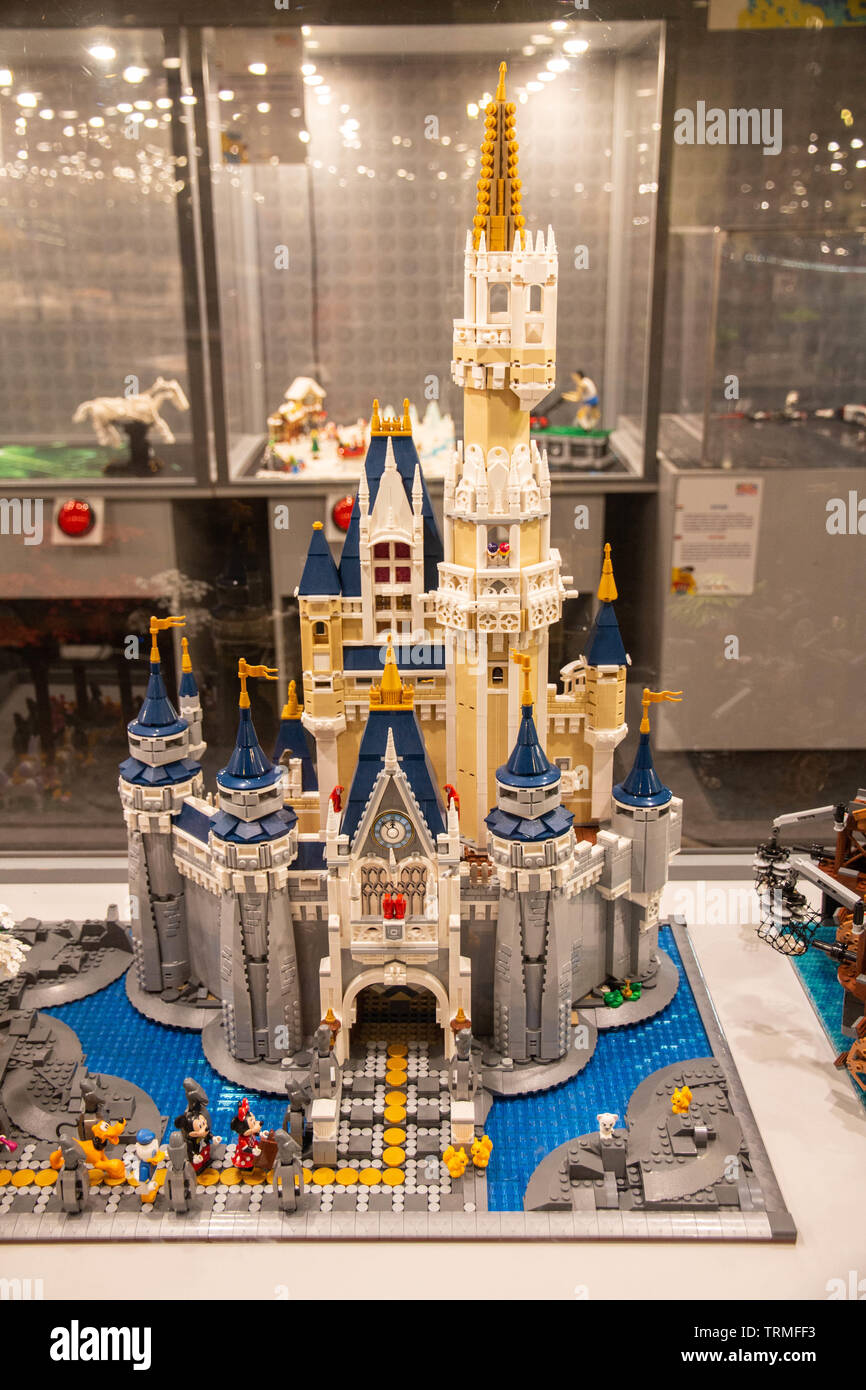 LEGO Disney Castle diorama with Mickey, Minnie etc. LEGO Exhibition 2019, Budapest, Hungary. Stock Photo