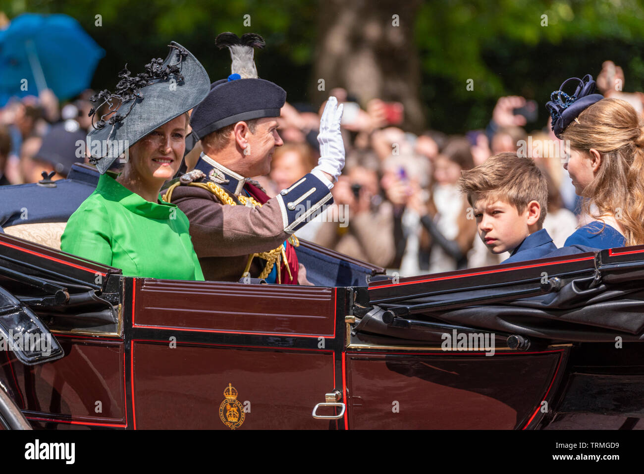 Sophie, Countess of Wessex with Prince Edward, James, Viscount Severn and Lady Louise Windsor at Trooping the Colour in carriage on The Mall, London Stock Photo