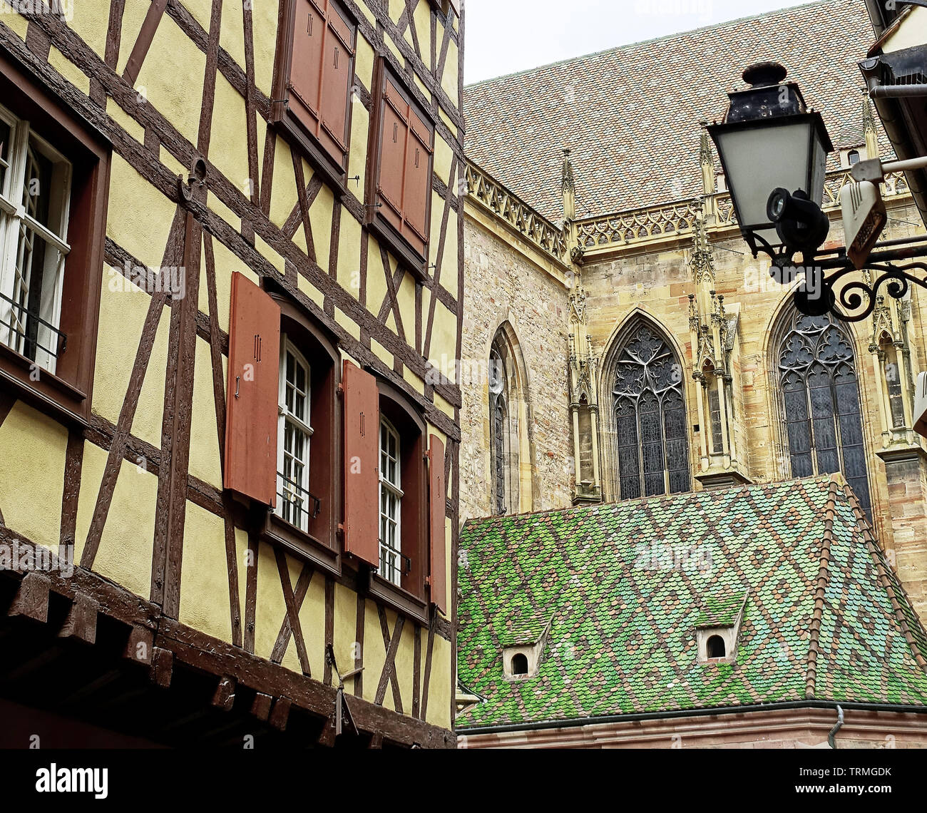 Close Up Of Medieval Buildings With Interesting Roof Tiles And