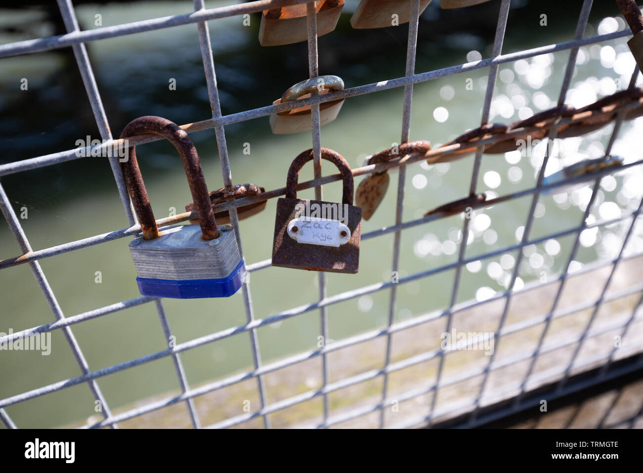 Lovers Padlocks on a Iron Fence Stock Photo