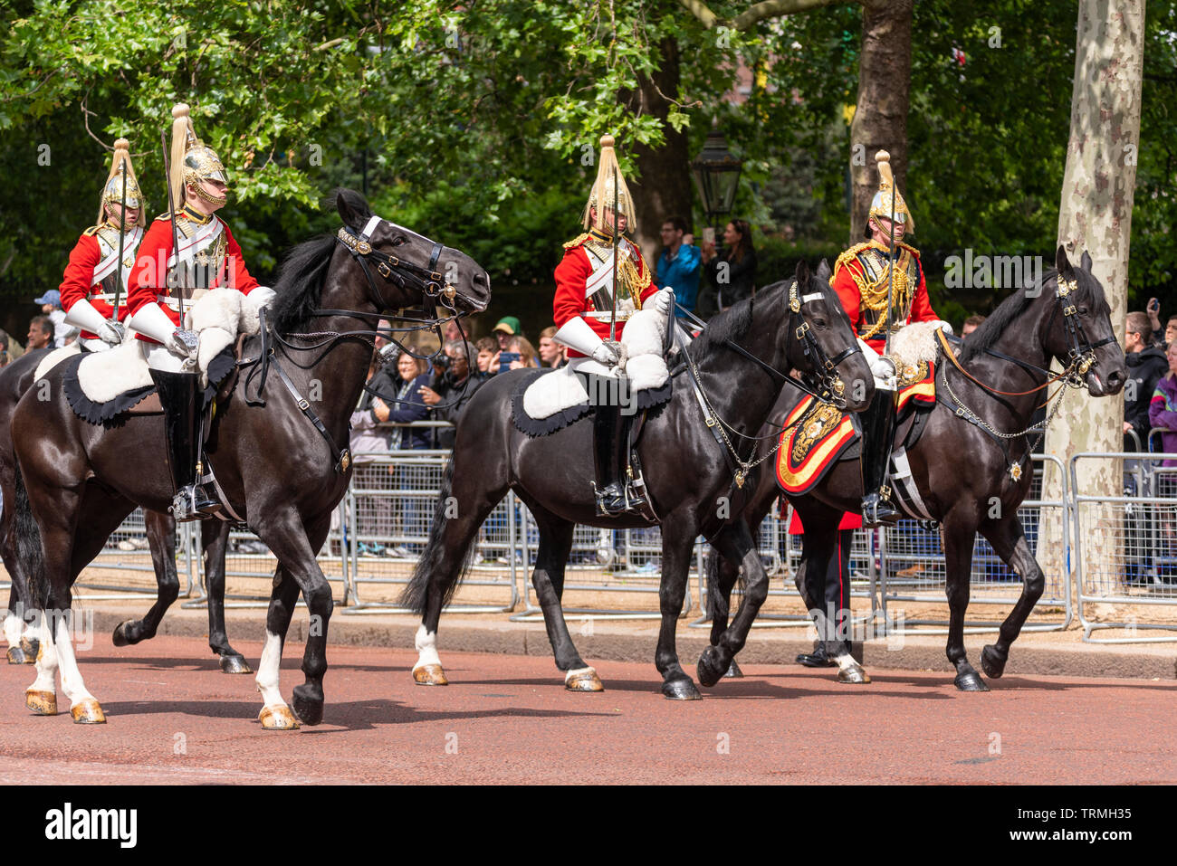 Life Guards cavalry regiment mounted soldiers at the Trooping the Colour 2019 in The Mall, London. Ceremonial uniform British Army Stock Photo