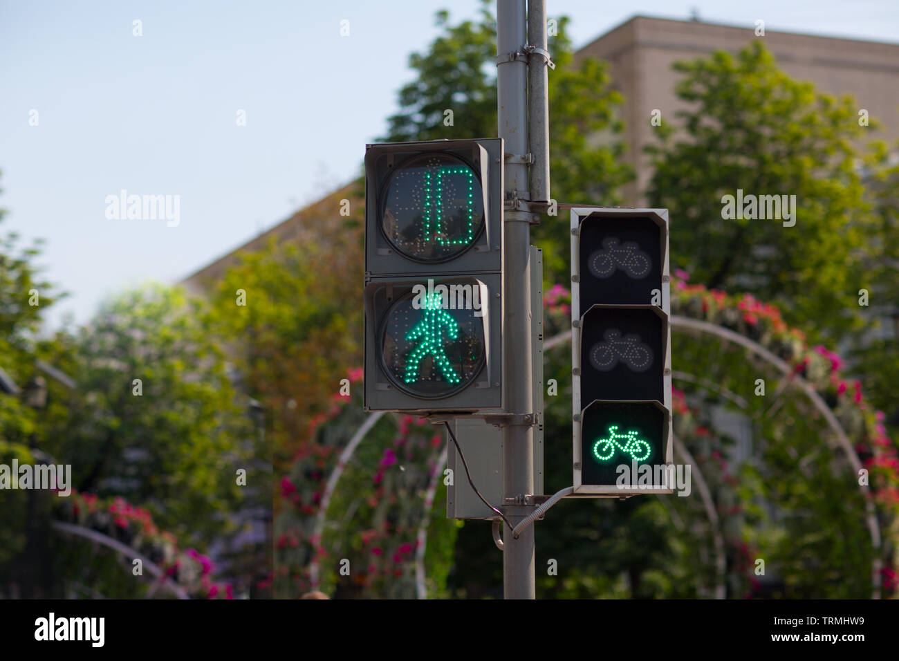 Pedestrian and bicycle traffic lights. Green light is on. Stock Photo