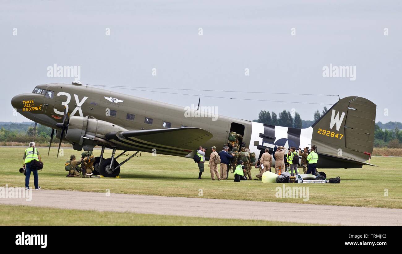 C-47 “That’s all Brother” at the Daks over Normandy Airshow at the IWM Duxford on the 4th June 2019 to Commemorate the 75th Anniversary of D-Day Stock Photo