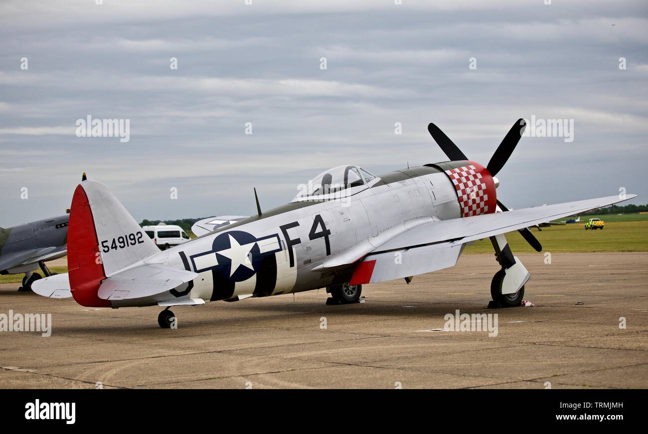 Republic P-47D Thunderbolt (G-THUN) on static display at the IMW Duxford on the 4th June 2019 to commemorate the 75th anniversary of D-Day Stock Photo