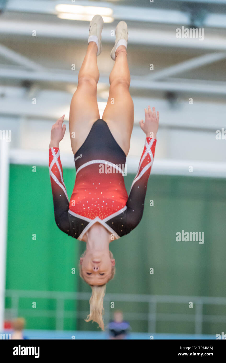 Sheffield, England, UK. 2 June 2019. Shanice Davidson from Durham City Gymnastics Club in action during Spring Series 2 at the English Institute of Sport, Sheffield, UK. Stock Photo