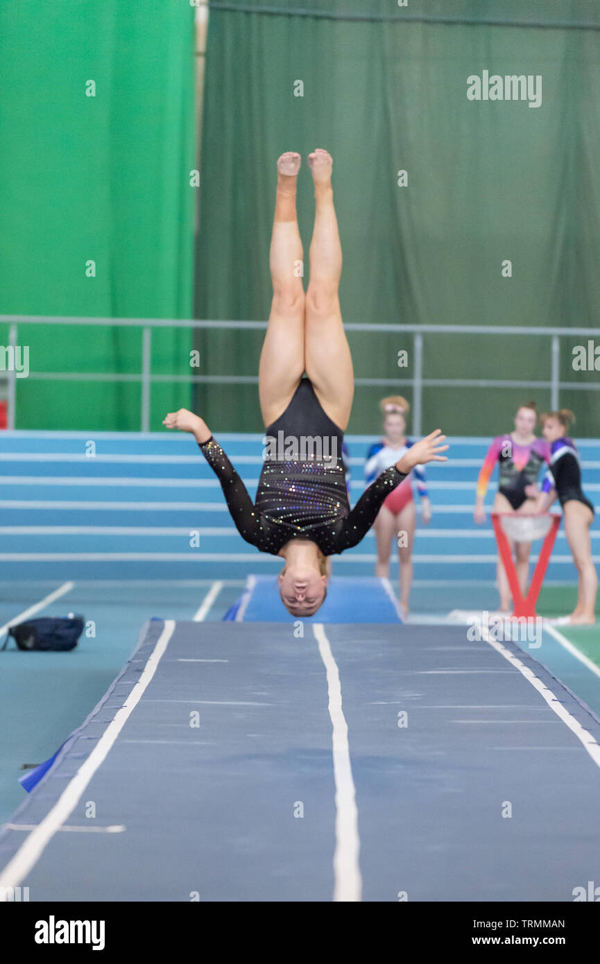 Sheffield, England, UK. 2 June 2019. Megan Kealy from Milton Keynes Gymnastics Club in action during Spring Series 2 at the English Institute of Sport, Sheffield, UK. Stock Photo
