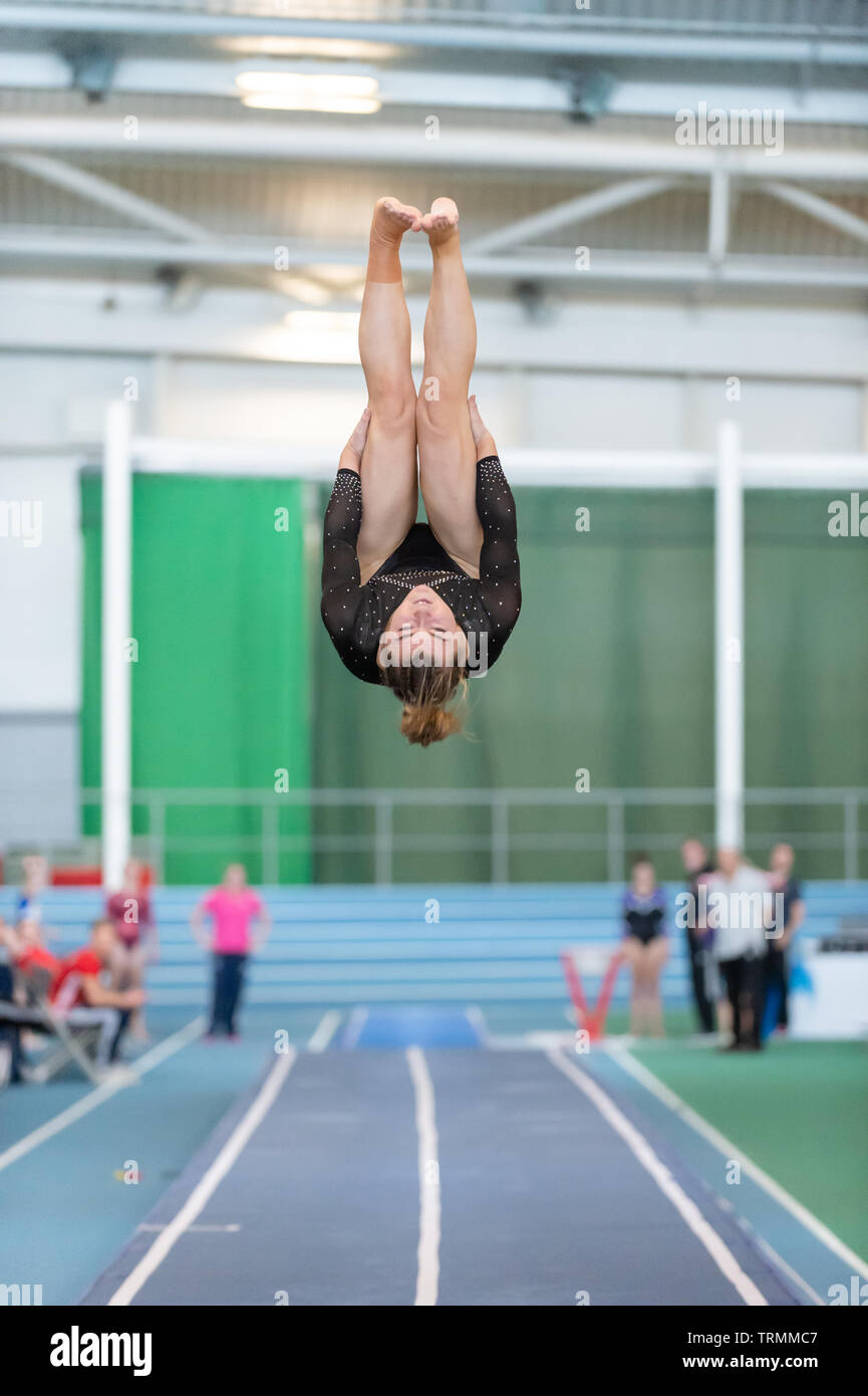 Sheffield, England, UK. 2 June 2019. Megan Kealy from Milton Keynes Gymnastics Club in action during Spring Series 2 at the English Institute of Sport, Sheffield, UK. Stock Photo