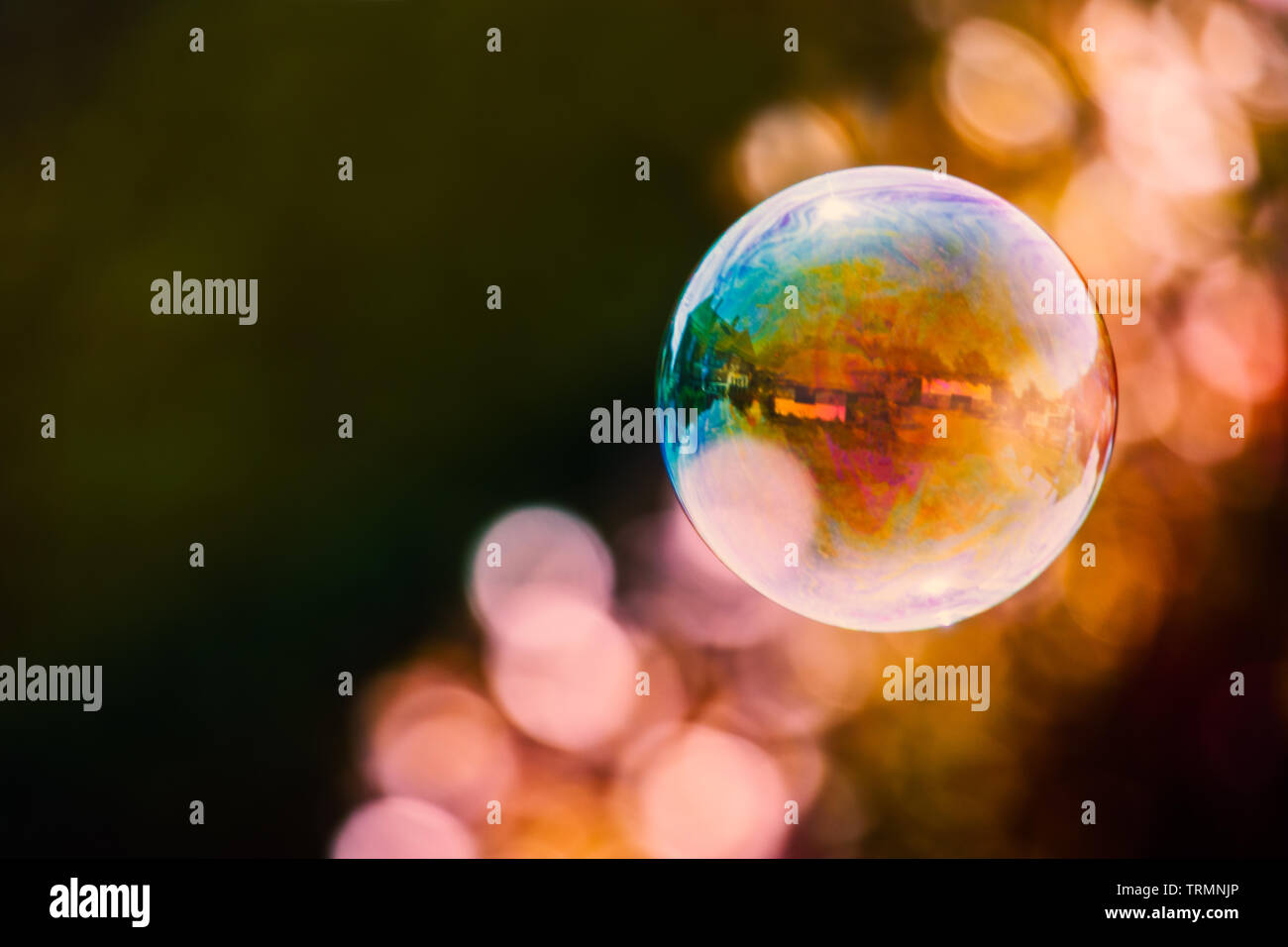 Colourful Soap Bubble Floating Against A Mainly Dark Background With A 