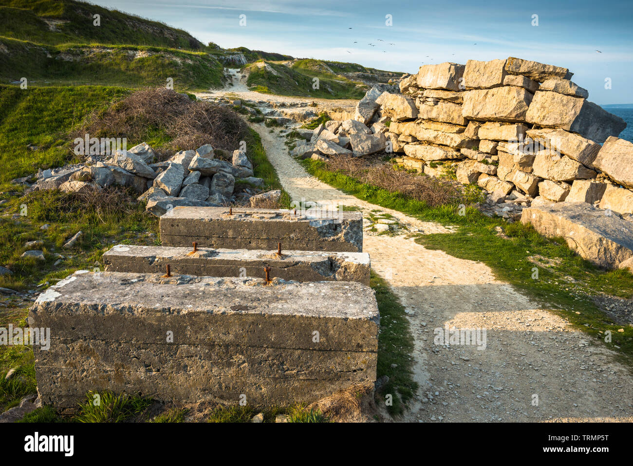 Remains of a disused stone quarry at Portland Bill on the Isle of Portland, Dorset, England, UK. Stock Photo