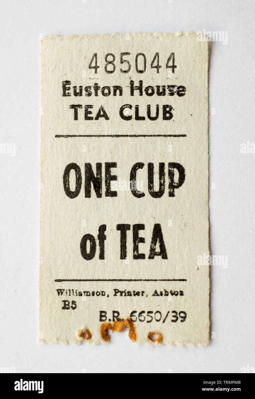 Euston House Tea Club Coupon for 'One Cup of Tea' Stock Photo Alamy