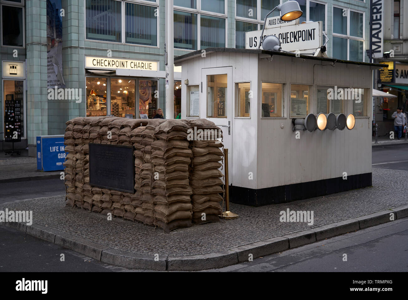 A control cabin serves as a tourist attraction at the point where the famous Check Point Charlie used to be. Stock Photo