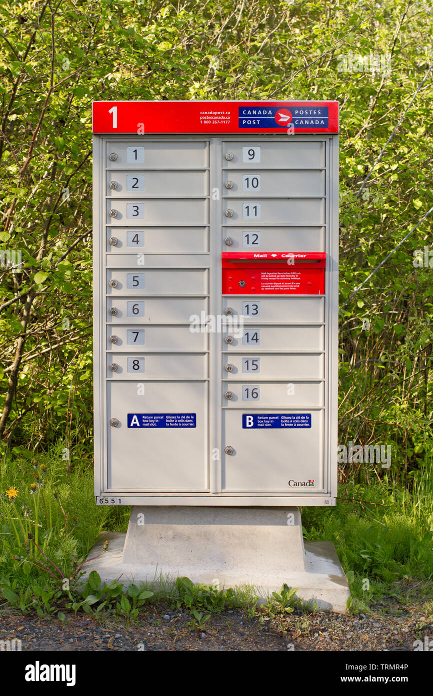 Admiral Rock, Canada - June 07, 2019: Community mailbox and foliage. Canada Post Corporation is Canada's main postal service provider and is a Canadia Stock Photo