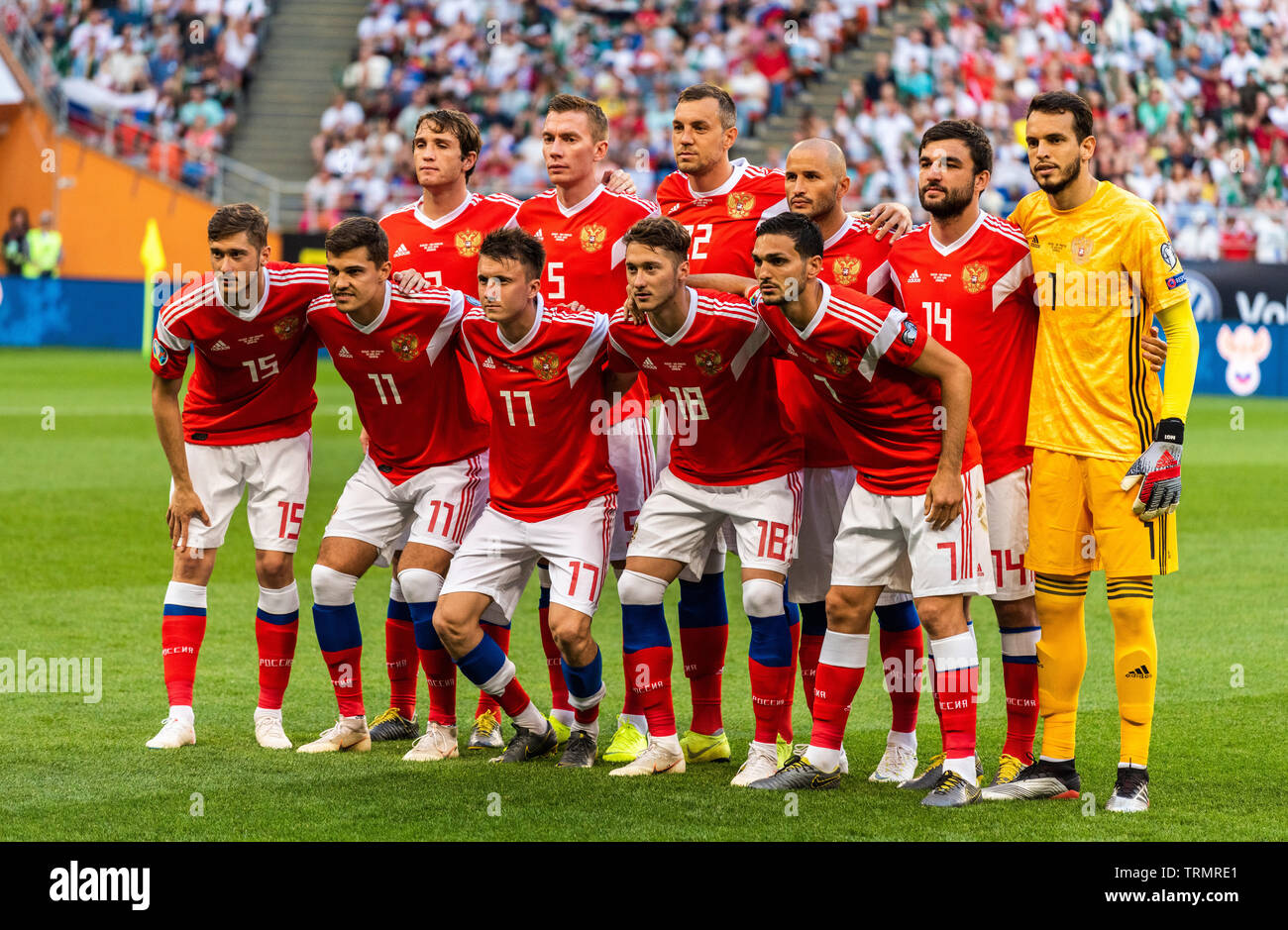 Saransk, Russia – June 8, 2019. Team photo of Russia national football team ahead of UEFA Euro 2020 qualification match Russia vs San Marino in Sarans Stock Photo