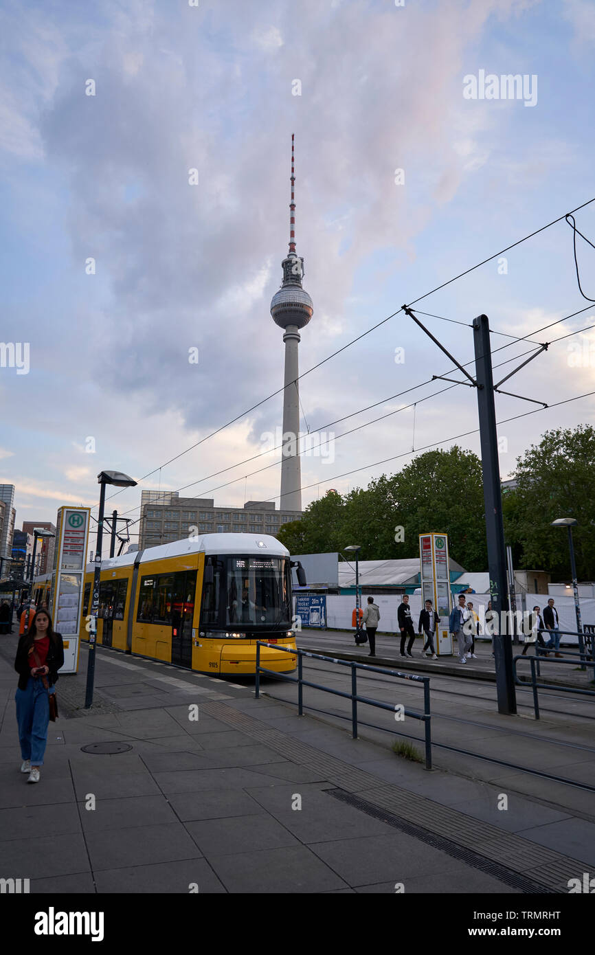Tram stop near Alexander Square with the famous TV tower in the background. Stock Photo