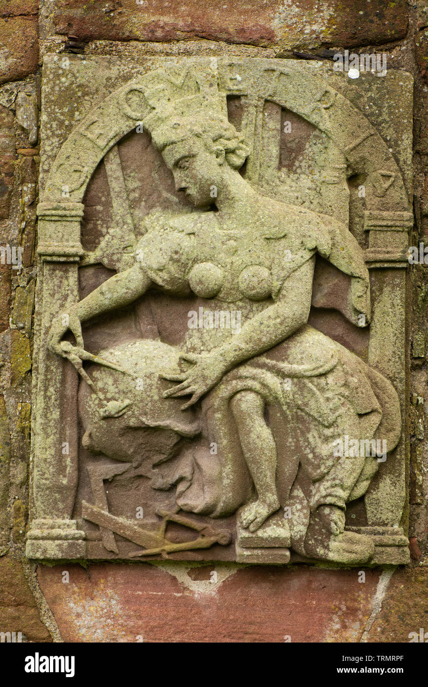 Edzell Castle, Angus, Scotland. The elaborate walled garden was created in 1604. This wall plaque represents one of the Liberal Arts. Stock Photo