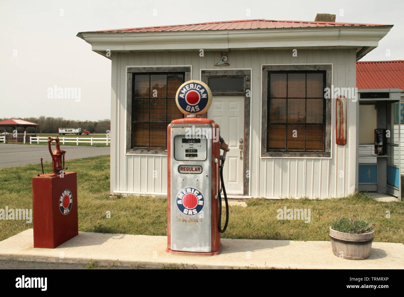 Old gas station displayed at museum in DE, USA Stock Photo