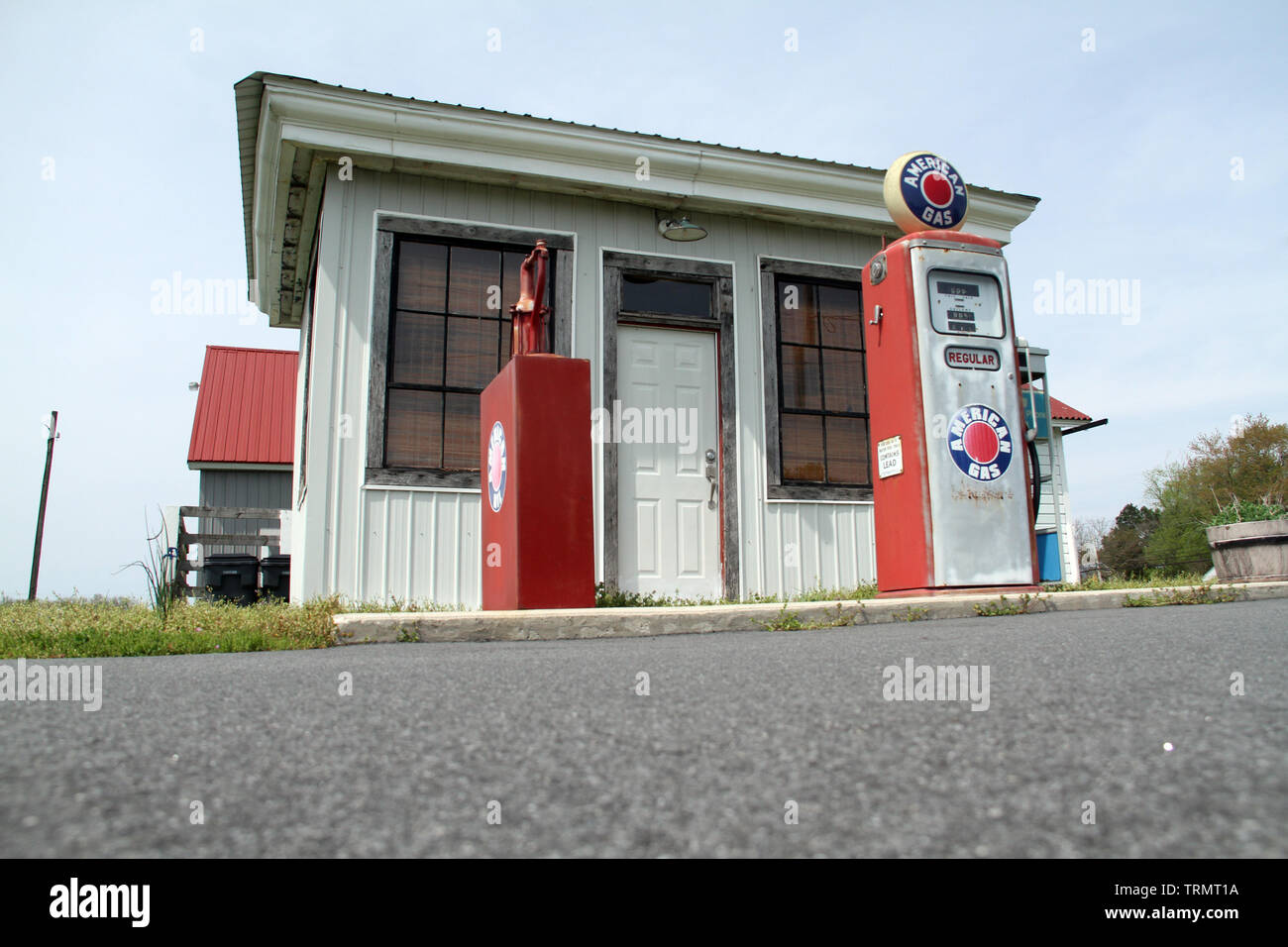 Old gas station displayed at museum in DE, USA Stock Photo