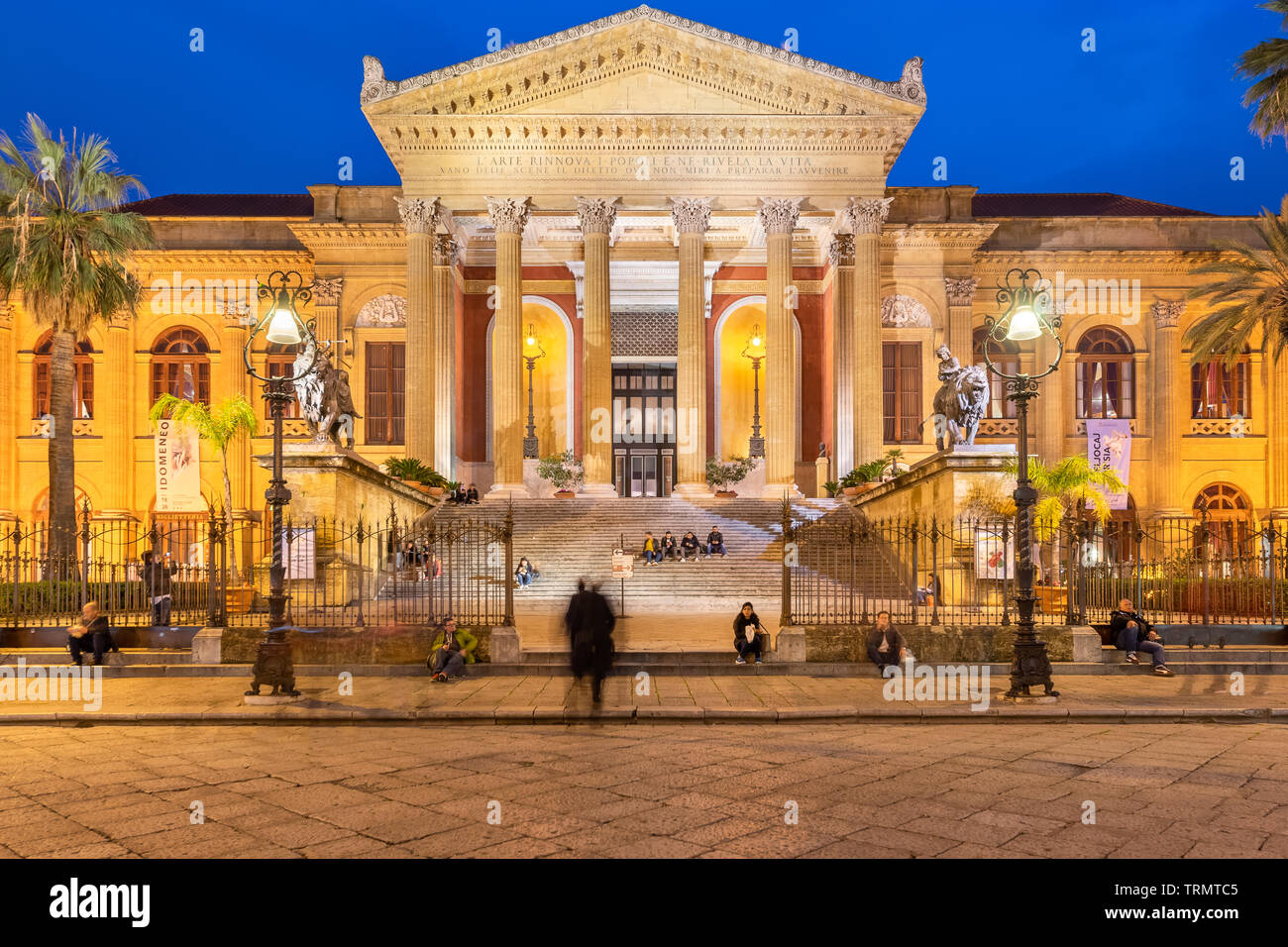 Teatro Massimo or Massimo Theatre opera house during twilight in Piazza Verdi at dusk in Palermo, Sicily. Stock Photo
