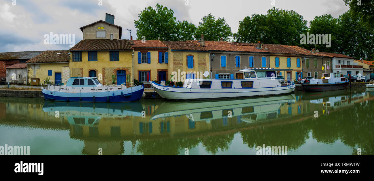 Wooden boats in the Canal du Midi. Southern France Stock Photo