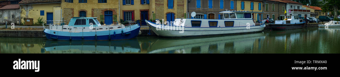 Wooden boats in the Canal du Midi. Southern France Stock Photo