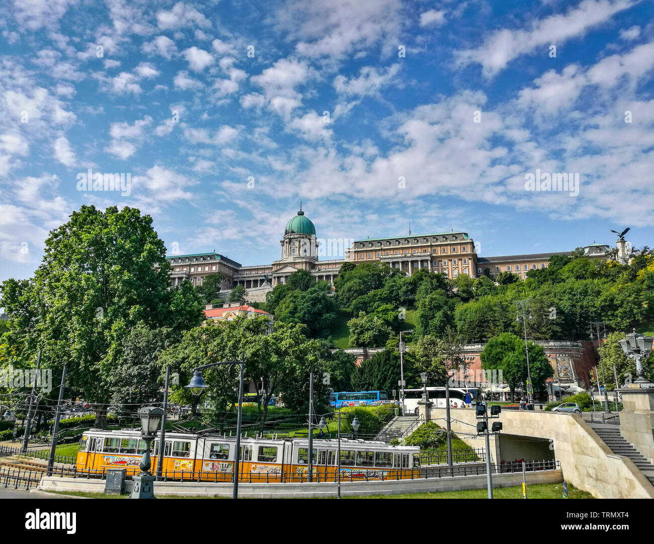 Buda Castle with yellow tram on a sunny day. Budapest - Hungary Stock Photo