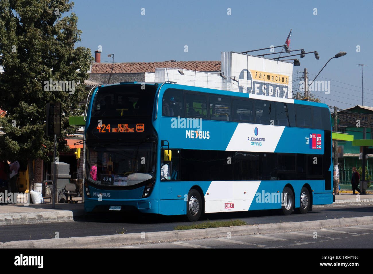 SANTIAGO, CHILE - APRIL 14 2017: Double decker bus Alexander Dennis Enviro 500 on Santiago, being tested for the Transantiago public transport system Stock Photo