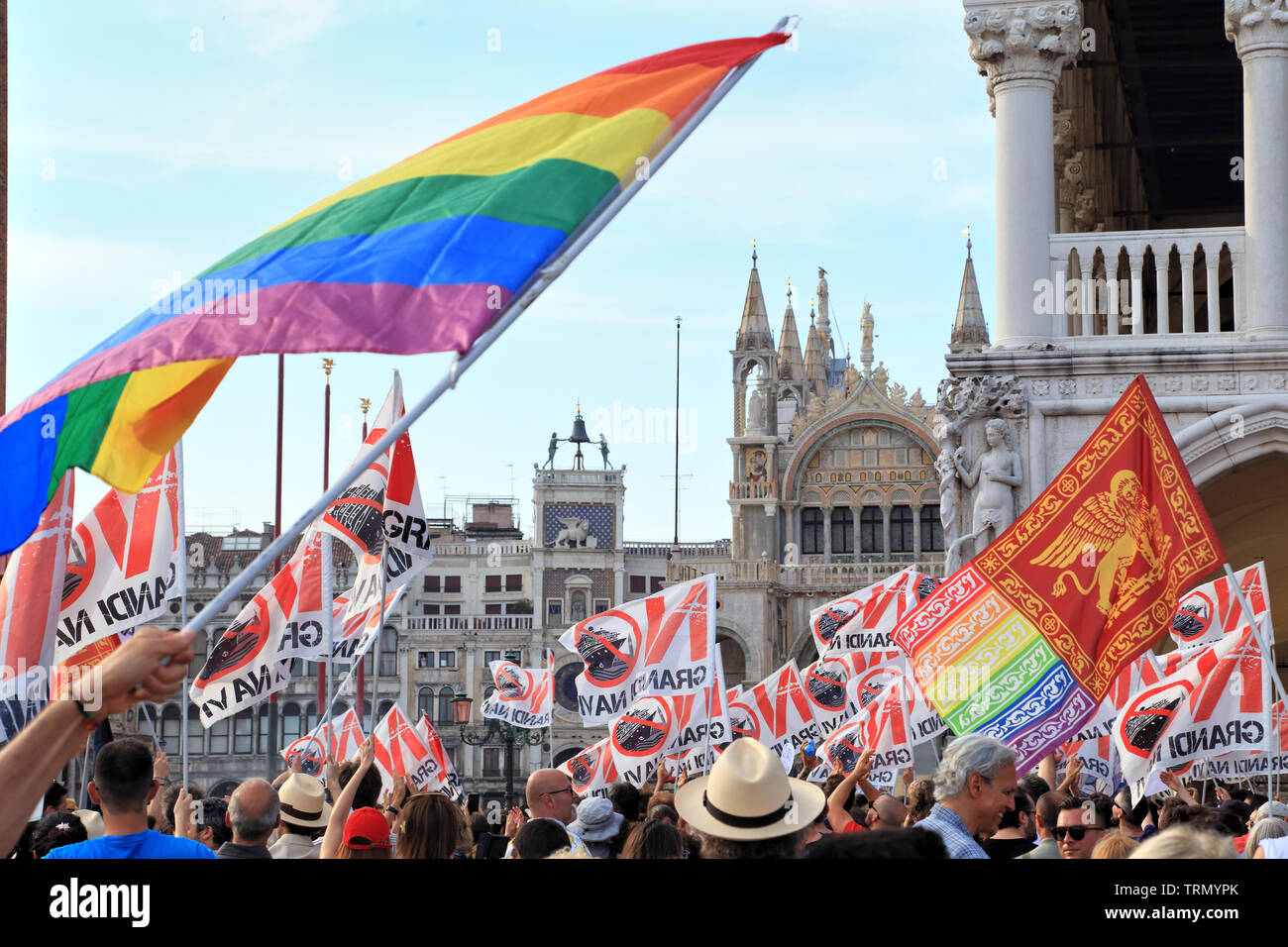 Protest against big cruise ships  “Mai più” (Never again), “No grandi navi!” (No big ships!), Venice, June 8, 2019 Stock Photo