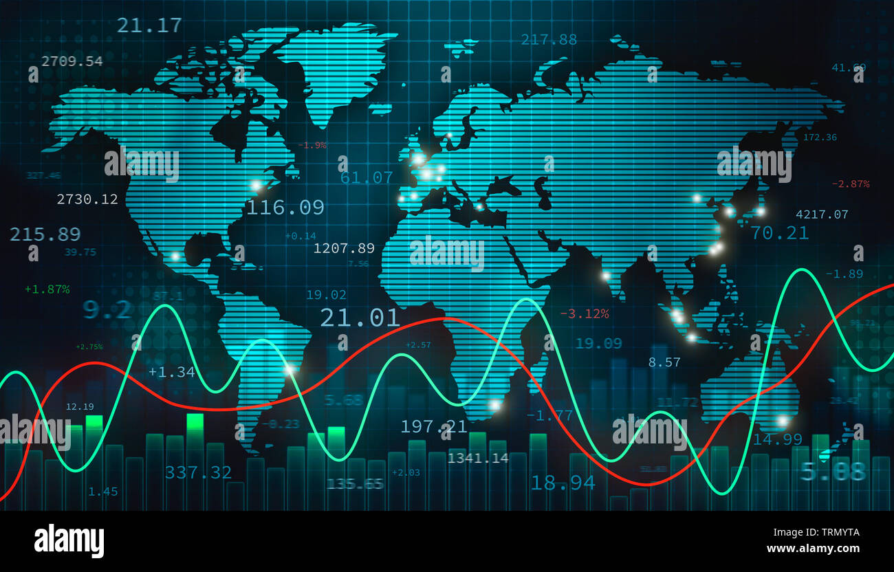 Stock foreign exchange or forex illustration with the world map, infographics and numbers. International finance, trade and economy concept. Stock Photo