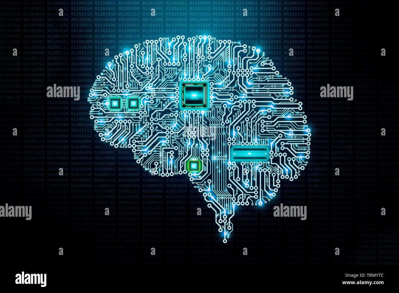 Human electronic brain printed circuit board or pcb design with components and cpu on binary code background. Transhumanism, artificial or machine int Stock Photo