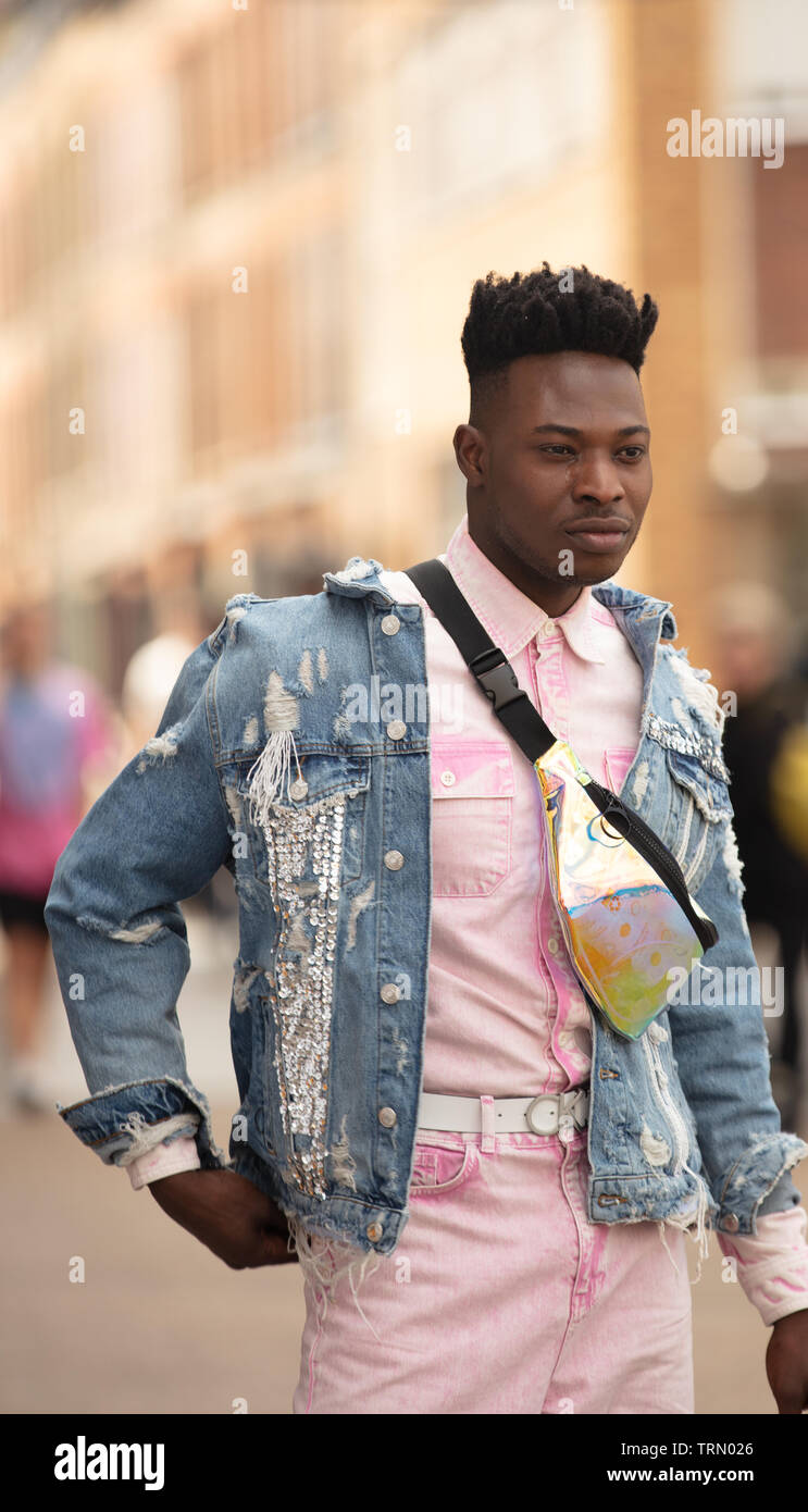 London, UK. 9th June 2019. Street style fashion design during London Fashion  Week Men's along Hanbury Street, London, on Sunday, showing the diversity  and creativity of London designers creating a melting pot