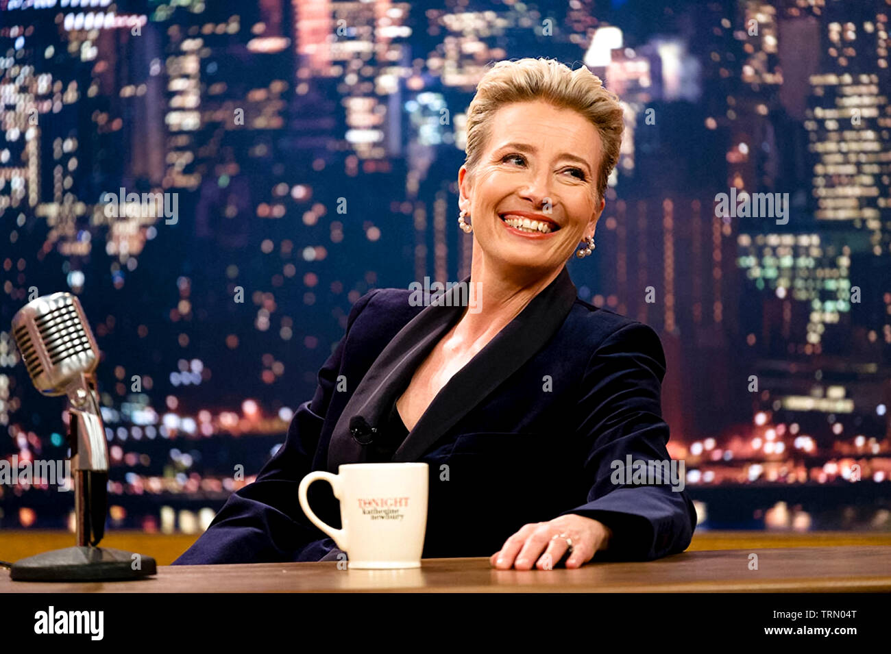 Late Night (2019) directed by Nisha Ganatra and starring  Emma Thompson, Mindy Kaling and John Lithgow. A late night TV talk show host with falling ratings hires a new woman writer who disrupts the status quo. Stock Photo