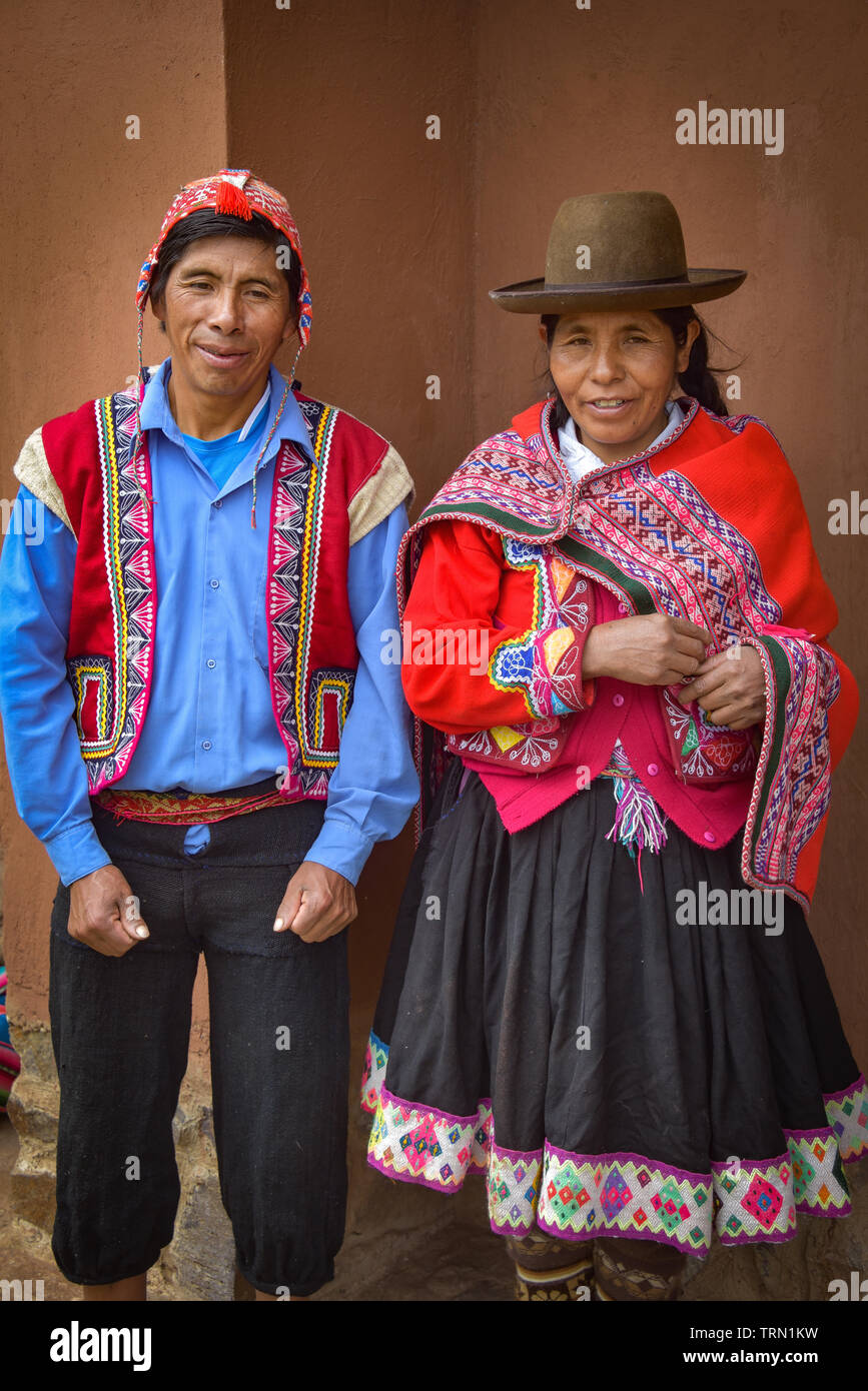 Sacred Valley, Cusco, Peru - Oct 13, 2018: An indigenous Quechua man and woman in the Yachaq community of Janac Chuquibamba Stock Photo